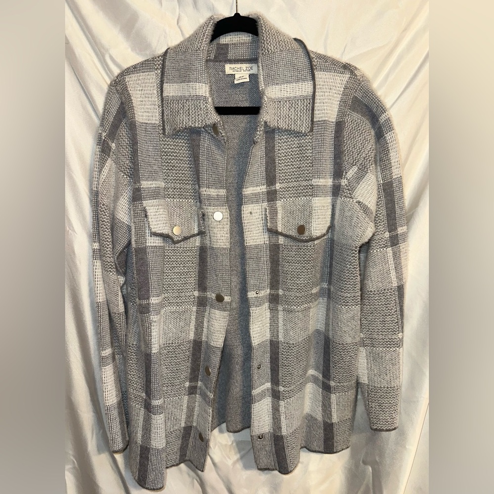 Rachel Zoe Gray and White Plaid Lightweight Shacket